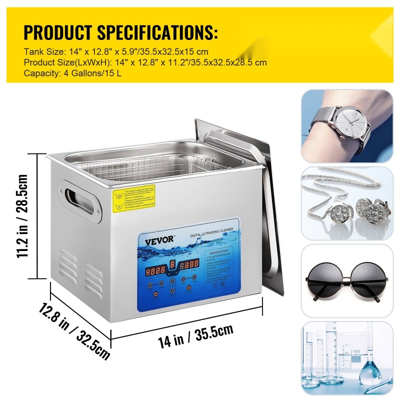 Ultraäänipesuri 15 litraa 304 ruostumatonta terästä säädettävä 36–40 kilohertsiä ajastin lämmitys