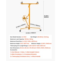 Kipsilevynostin teräsrunko enimmäiskorkeus 4877 mm kantavuus 68 kg teleskooppivarsi lukittavat pyörät