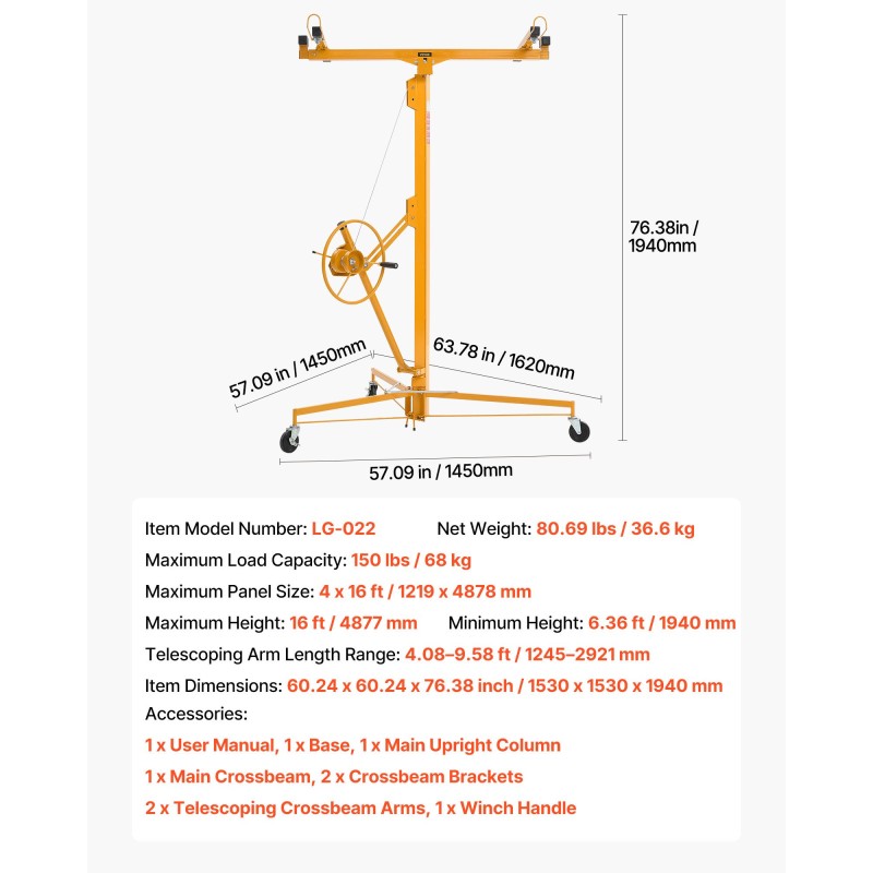 Kipsilevynostin teräsrunko enimmäiskorkeus 4877 mm kantavuus 68 kg teleskooppivarsi lukittavat pyörät
