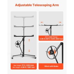 Kipsilevynostin teräsrunkoinen 68 kg kantavuus säädettävä teleskooppivarsi 3353 mm korkeus lukittavat pyörät