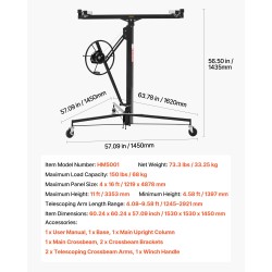 Kipsilevynostin teräsrunkoinen 68 kg kantavuus säädettävä teleskooppivarsi 3353 mm korkeus lukittavat pyörät