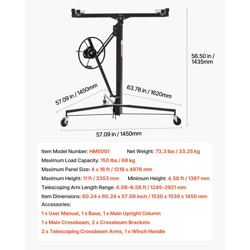 Kipsilevynostin teräsrunkoinen 68 kg kantavuus säädettävä teleskooppivarsi 3353 mm korkeus lukittavat pyörät