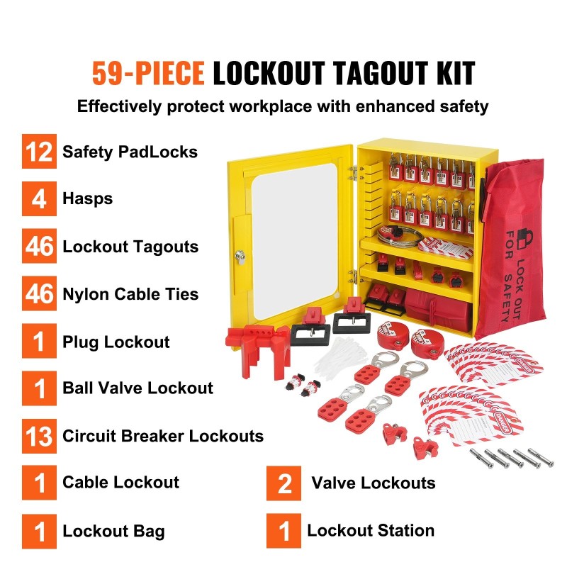 Lukitus ja merkintäsarja 59 osaa keltainen ripustettava laatikko 12 termoplastista turvalukkoa