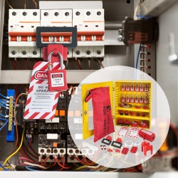 Lukitus ja merkintäsarja 59 osaa keltainen ripustettava laatikko 12 termoplastista turvalukkoa