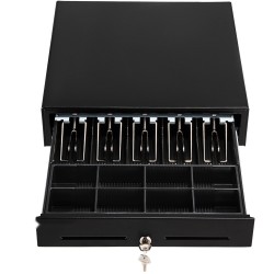 Kassalaatikko teräsrunko muovinen lokerikko viisi setelolokeroa kahdeksan kolikkolokeroa avainlukko