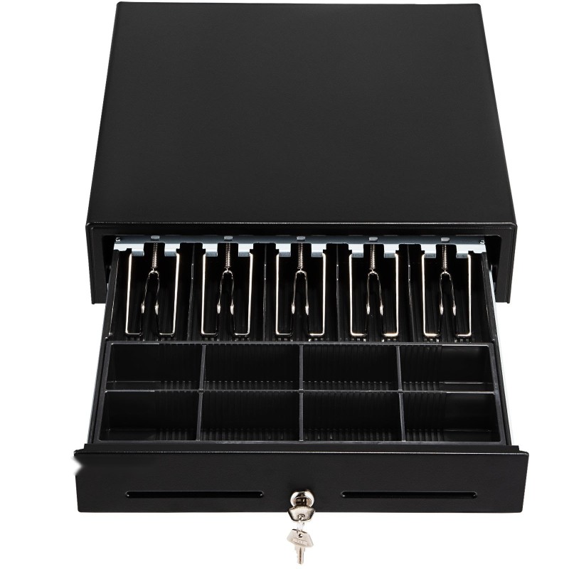 Kassalaatikko teräsrunko muovinen lokerikko viisi setelolokeroa kahdeksan kolikkolokeroa avainlukko