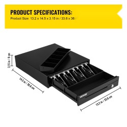 Kassalaatikko teräsrunko 33 cm 12 V 4 setelilokeroa 5 kolikkolokeroa avainlukolla