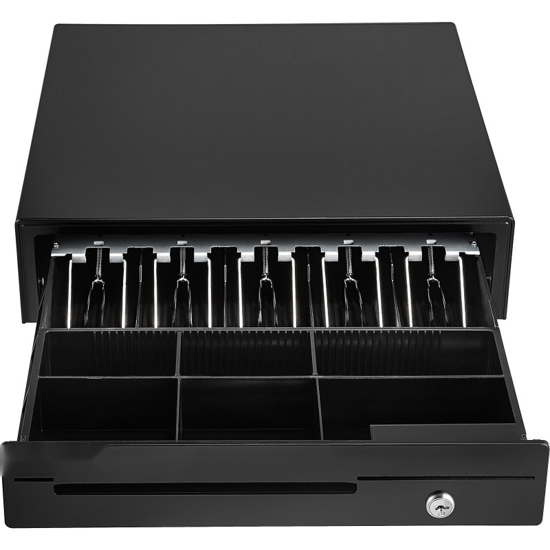 Kassalipas teräsrunko muovilokero kahdentoista voltin viisi setelilokeroa kuusi irrotettavaa kolikkolokeroa avainlukko