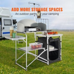 Taitettava retkikeittiöpöytä alumiini- ja rautarunkoinen MDF-levyinen yhden kaapin kolmelta sivulta tuulensuojalla