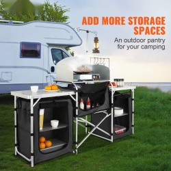 Taitettava retkikeittiöpöytä alumiini rauta MDF kolme kaappia irrotettava tuulisuoja kantolaukku musta