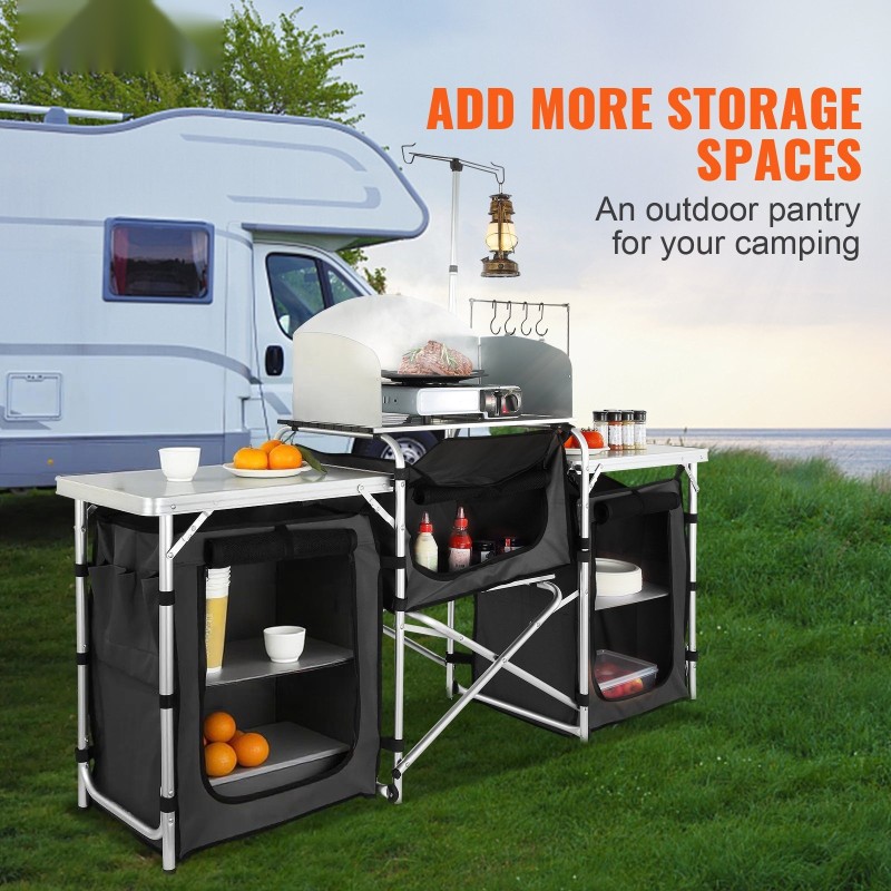 Taitettava retkikeittiöpöytä alumiini rauta MDF kolme kaappia irrotettava tuulisuoja kantolaukku musta