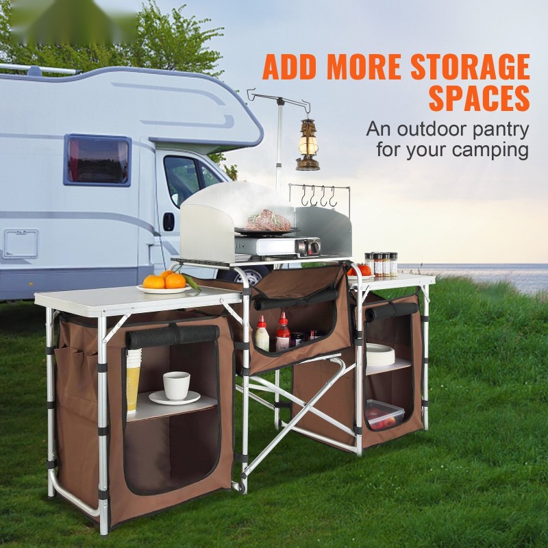 Taittuva retkikeittiöpöytä alumiinirunko MDF-levy kolme kaappia irrotettava tuulensuoja kuljetuslaukku