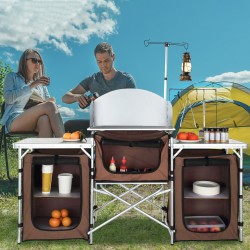 Taittuva retkikeittiöpöytä alumiinirunko MDF-levy kolme kaappia irrotettava tuulensuoja kuljetuslaukku