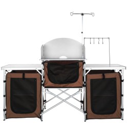 Taittuva retkikeittiöpöytä alumiinirunko MDF-levy kolme kaappia irrotettava tuulensuoja kuljetuslaukku