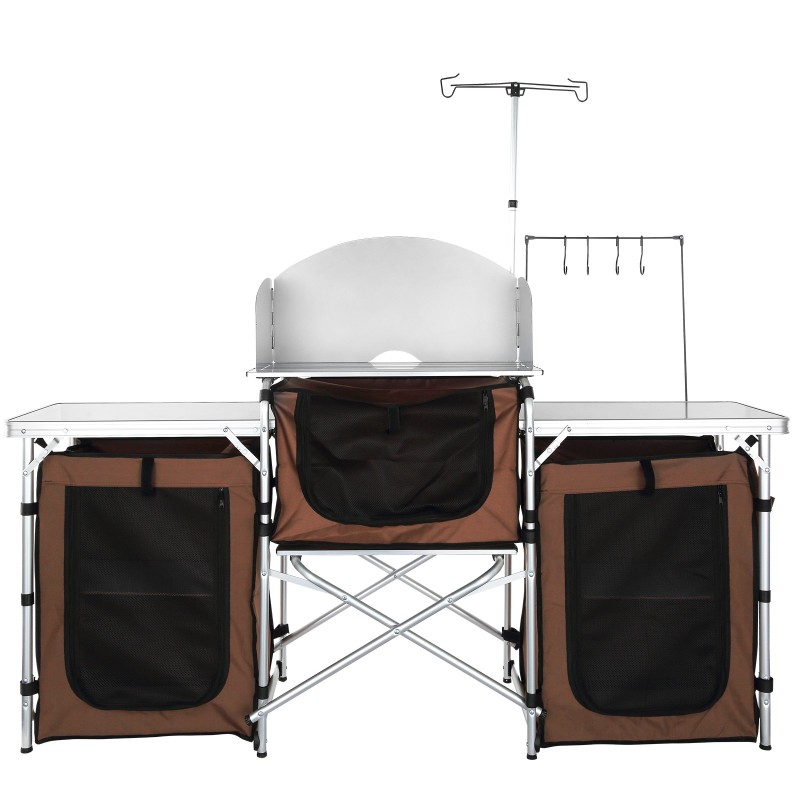 Taittuva retkikeittiöpöytä alumiinirunko MDF-levy kolme kaappia irrotettava tuulensuoja kuljetuslaukku