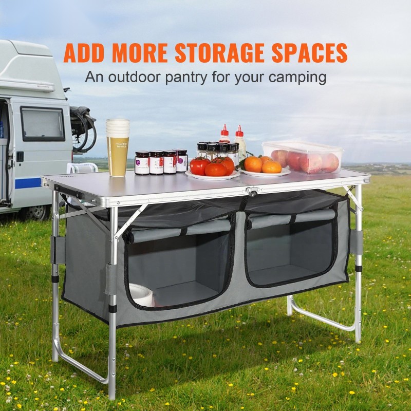 Taittuva retkikeittiöpöytä alumiinirunko MDF työtaso säädettävä korkeus kantolaukulla kevyt