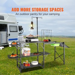 Leirikeittiö kokoontaitettava alumiini ja rautarunko pitkä pöytätaso irrotettava pesuallas 2 hyllyä