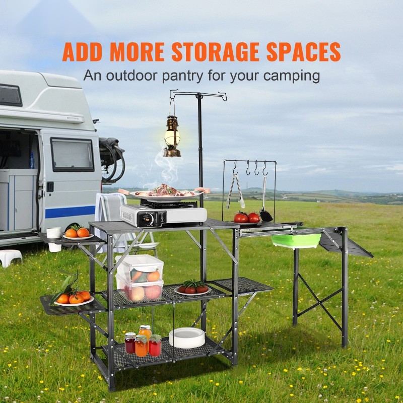 Leirikeittiö kokoontaitettava alumiini ja rautarunko pitkä pöytätaso irrotettava pesuallas 2 hyllyä