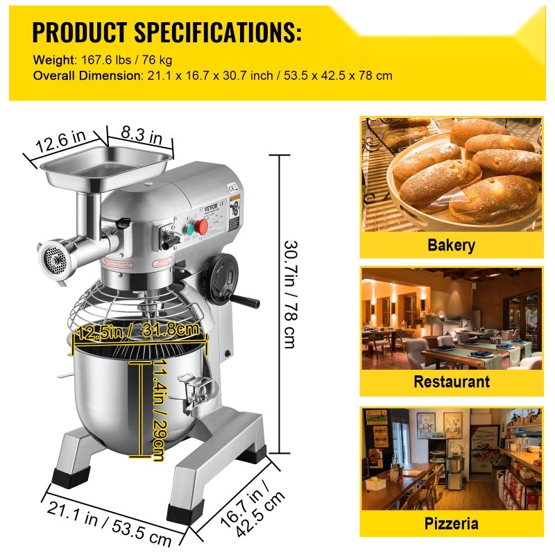 Ammattikäyttöinen sekoitinkone 20Qt ruostumaton teräskulho 1100W sisäänrakennettu lihamylly 3 säädettävää nopeutta leipomoihin