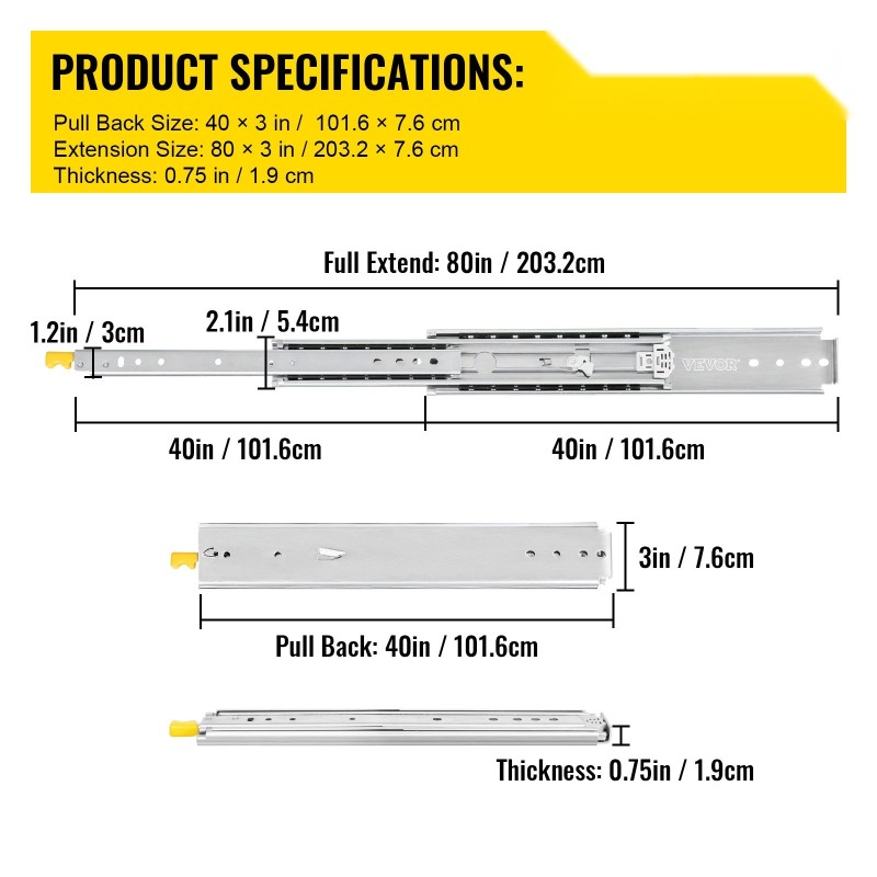 Laatikkokiskot kylmävalssattua terästä 101,6 cm 2 kpl 227 kg täysin ulosvedettävät lukittavat