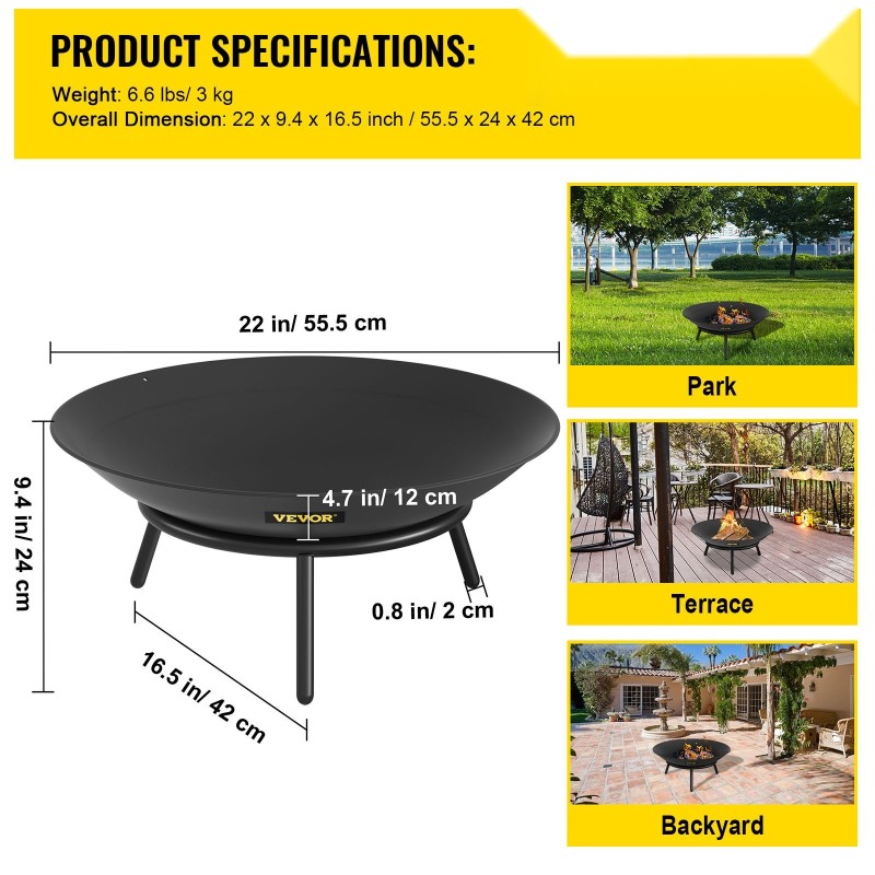 Tulikulho mustaksi maalattu hiiliteräs 55,5 cm halkaisija 12 cm syvä ulkokäyttöön