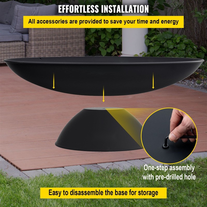 Tulikulho mustaksi maalattu valurauta 76 cm 3,5 mm paksu jalustalla mukana keppi