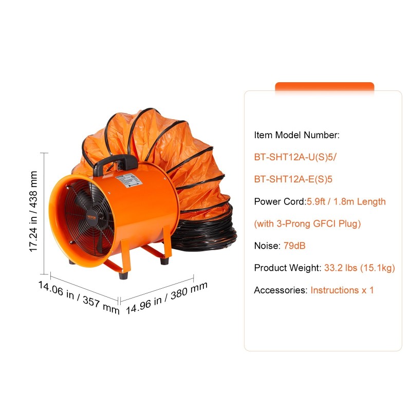 Siirrettävä teräsrunkoinen teollisuuspoistopuhallin 304,8 mm 5 m kanavalla 367 W teho