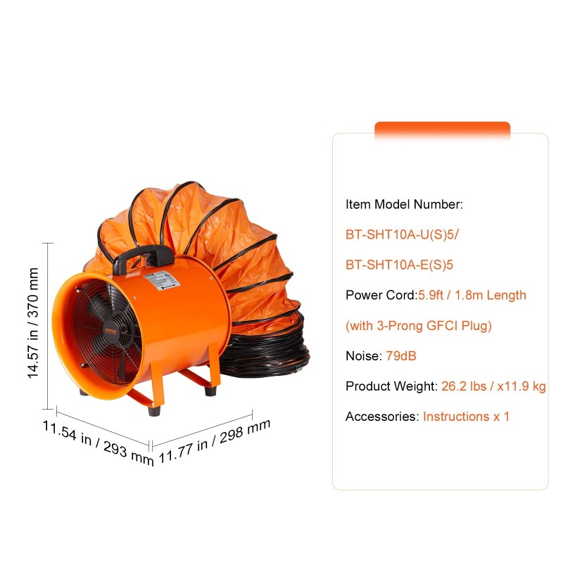 Siirrettävä teräs sylinteripuhallin halkaisija 254 mm teho 255 wattia 5 m poistokanavalla