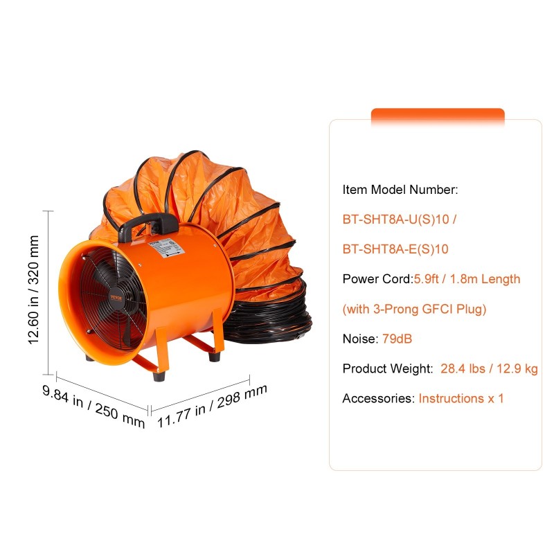 Siirrettävä sylinteripuhallin teräsrunko 203 mm 145 W 10 m kanavalla työmaille