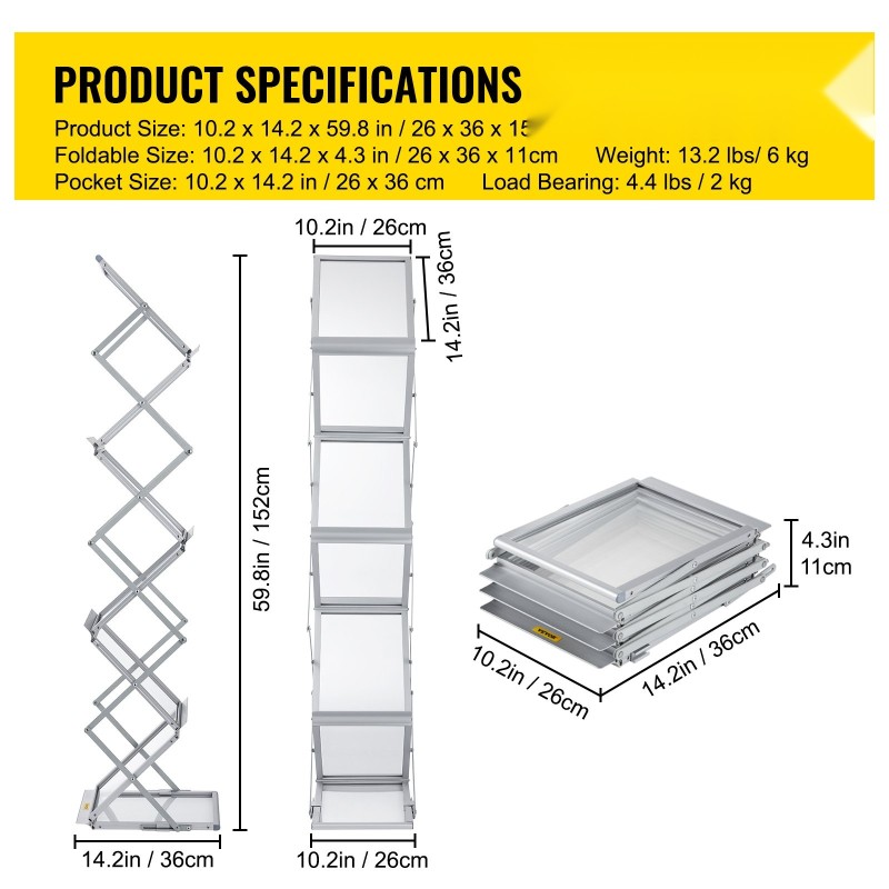 Taitettava lehtiteline alumiinirunko kuusi A4-kokoista muovitaskua kantolaukku