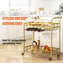 Tarjoiluvaunu kaksitasoinen kullanvärinen teräsrunko karkaistut lasihyllyt lukittavat pyörät viiniteline 4 pullolle