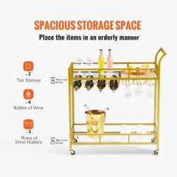 Tarjoiluvaunu kaksitasoinen kullanvärinen teräsrunko karkaistut lasihyllyt lukittavat pyörät viiniteline 4 pullolle