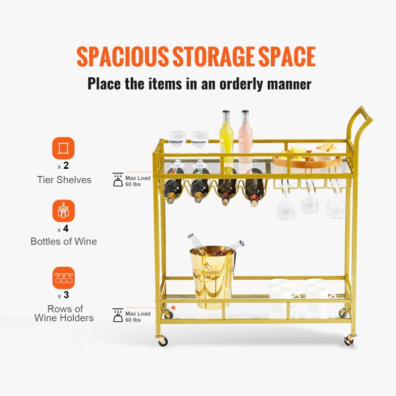 Tarjoiluvaunu kaksitasoinen kullanvärinen teräsrunko karkaistut lasihyllyt lukittavat pyörät viiniteline 4 pullolle