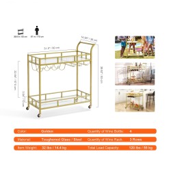 Tarjoiluvaunu kaksitasoinen kullanvärinen teräsrunko karkaistut lasihyllyt lukittavat pyörät viiniteline 4 pullolle