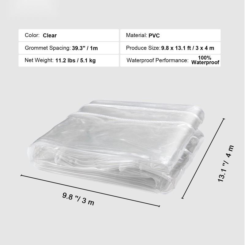 Läpinäkyvä PVC-pressu 3 x 4 m metallisilla purjerenkailla 100% vedenpitävä ulkokäyttöön