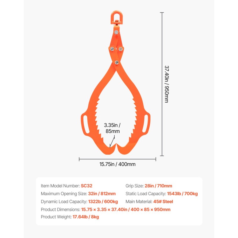 Puutavarapihdit 45 teräsrunko 2-koukkuiset kotkankynsimäiset maksimiavautuma 812 mm staattinen 700 kg