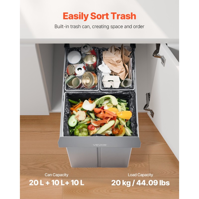 Vedettävä jäteastia keittiökaappiin 20+10+10 litraa PP-muovisilla säiliöillä ja rautakiskoilla