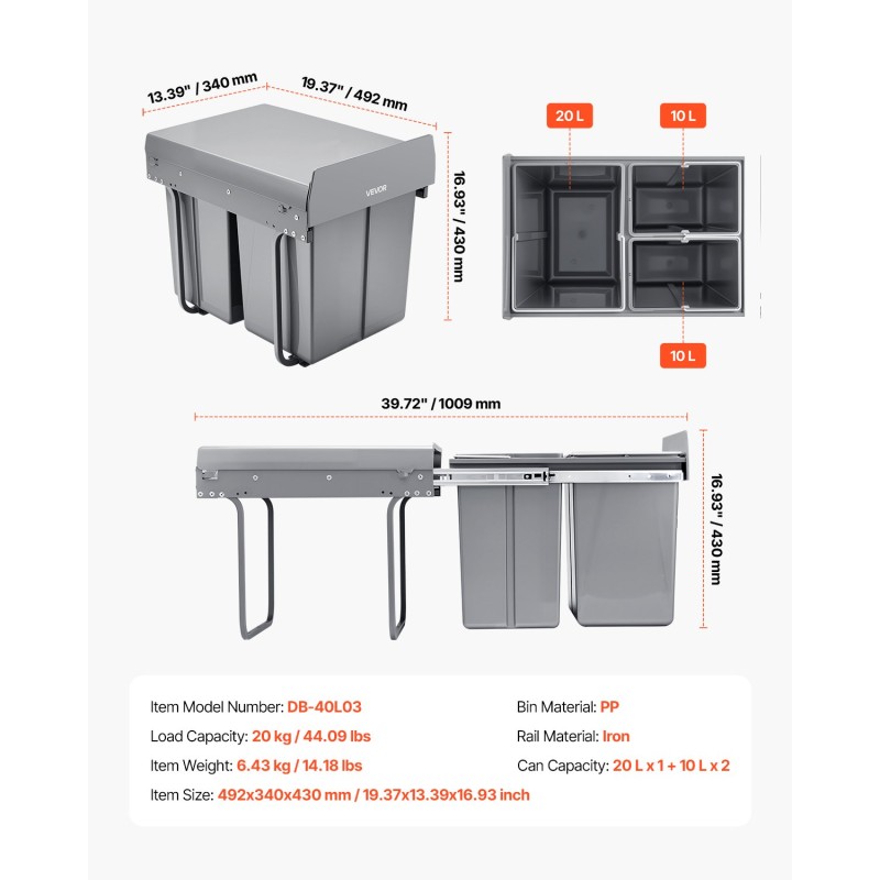 Vedettävä jäteastia keittiökaappiin 20+10+10 litraa PP-muovisilla säiliöillä ja rautakiskoilla