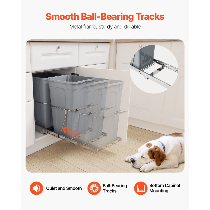 Vedettävä jäteastia keittiökaappiin kaksi 27QT astiaa PP-muovia rautaiset kuulalaakeroidut liukukiskot kantavuus 25kg