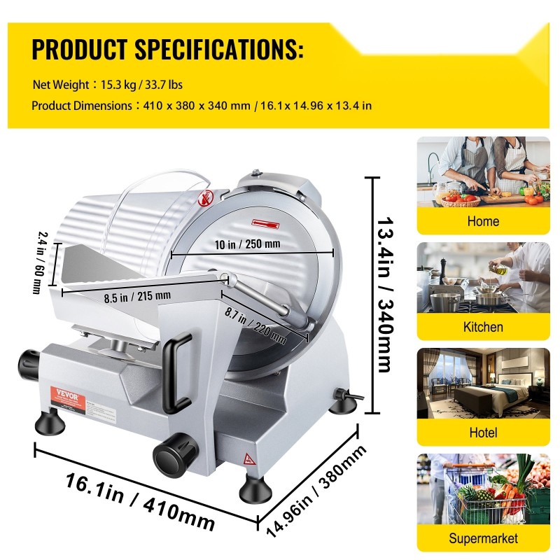 Lihaleikkuri alumiiniseosrunko 10 tuuman hiiliteräksinen terä 240 watin moottori 0–12 mm säädettävä