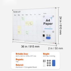 Magneettinen kuukausikalenteritaulu 915 x 610 mm alumiinikehys kuivapyyhittävä pinta