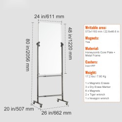 Kaksipuolinen magneettinen valkotaulu kennolevyllä ja metallirungolla 61x122 cm säädettävä korkeus pyörillä