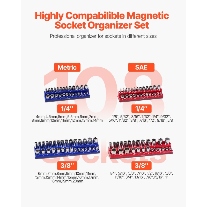 Magneettinen hylsyalusta ABS-muovi 4 kpl 1/4 ja 3/8 tuumaa tilaa 108 hylsylle
