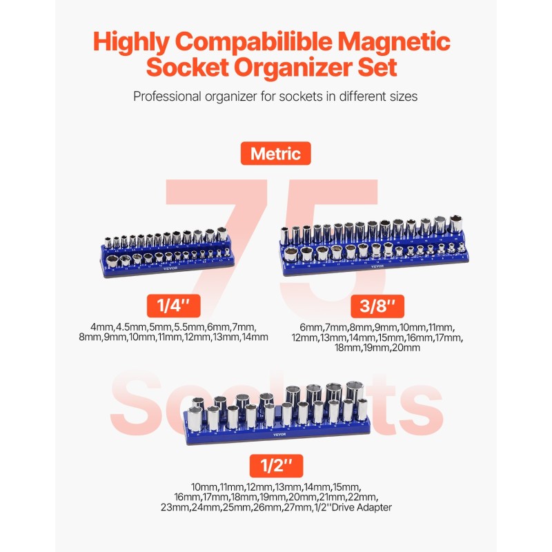 Magneettinen hylsyavainten järjestelijäsarja 3 kpl ABS sininen metrikoille tilaa jopa 75 hylsylle