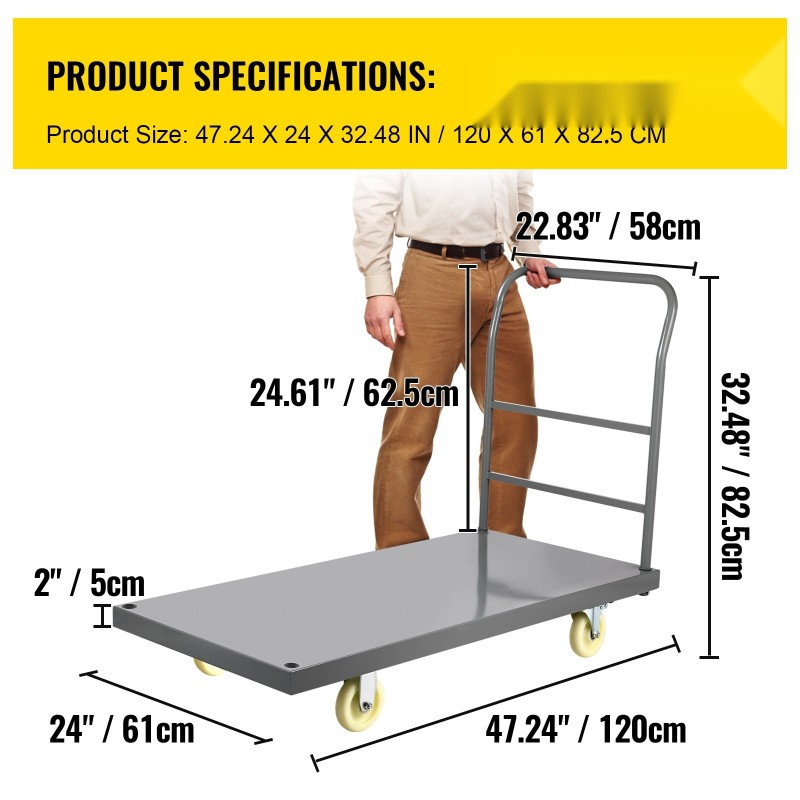 Teräksinen tasovaunu 907 kg 1200 x 610 mm 125 mm nailonrullat