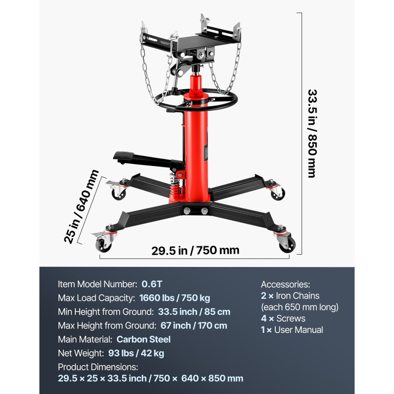 Hydraulinen teleskooppinen vaihteistonostin teräs 0,6 tonnia nostoalue 85–170 cm jalkapoljin