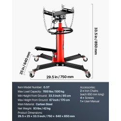 Teleskooppinen hydraulinen teräsrunkoinen vaihteistonostin 0,5 tonnin kuormituskyky 85–170 cm