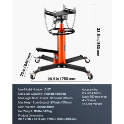 Teleskooppinen hydraulinen vaihteistonostin teräs puoli tonnia nostoalue 85–170 cm poljinkäyttöinen säädettävä satula