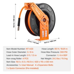Ilmaletkukela teräskela 3/8 tuumaa 19,8 m hybridipolymeeri 300 PSI automaattinen