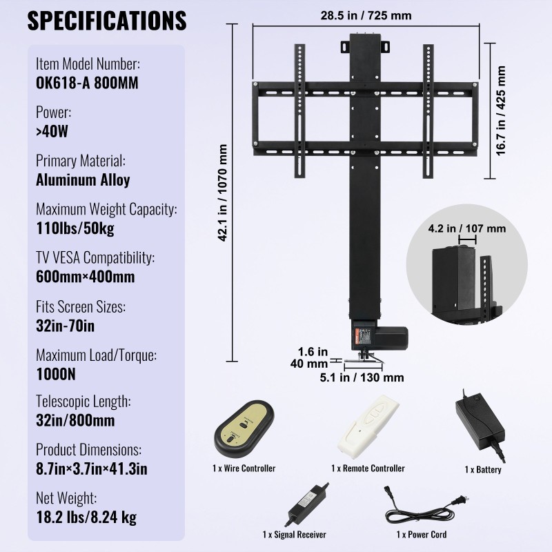 Moottoroitu alumiiniseos TV-nostin säädettävä 107–187 cm korkeudelle enintään 60 tuuman televisioille